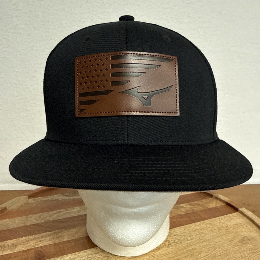 Mizuno Hat Cap Snap Back Adjustable Black Brown Leather Like Patch USA Flag